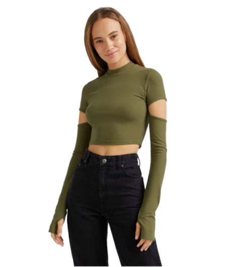 Olive Long-Sleeve Cut-Outs T-Shirt
